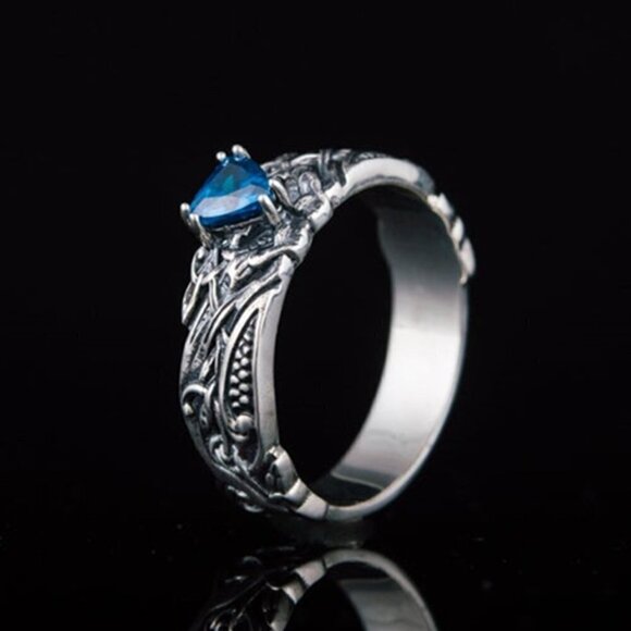 💝 High Quality Carved Dainty Triangle Blue Stone Ring for Women, PD613 - Picture 4 of 8